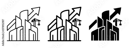 Building Growth Icons, City Skyline Progress, Construction Crane Arrow
