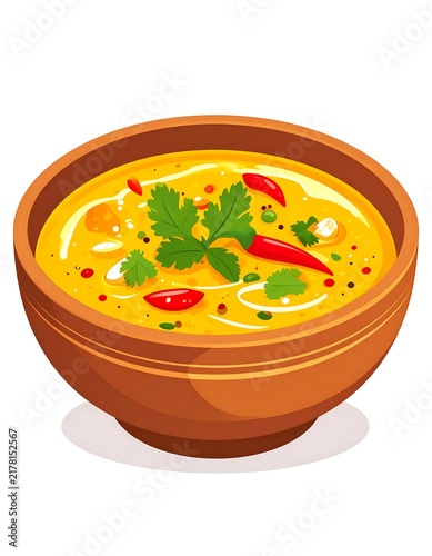 Wooden bowl of colorful vegetable soup garnished with herbs.