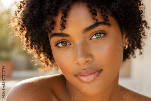 Young Mixed Race Woman With Heterochromia and Radiant Skin. Diversity and unique beauty concept.