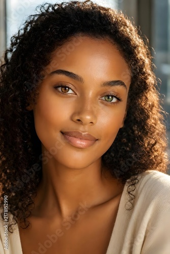 Young Mixed Race Woman With Heterochromia and Radiant Skin. Diversity and unique beauty concept.
