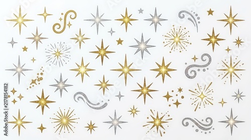 Sparkling gold and silver star icons, elegant metallic twinkle starburst set, decorative glowing celestial elements for holiday design
