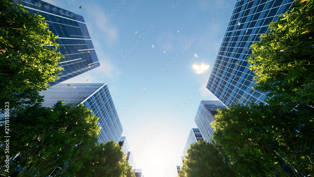 Fototapeta premium High resolution 3d cityscape featuring modern glass skyscrapers, lush green trees, blue sky, upward perspective, sustainable architecture, commercial real estate, corporate business, urban development