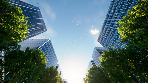 High resolution 3d cityscape featuring modern glass skyscrapers, lush green trees, blue sky, upward perspective, sustainable architecture, commercial real estate, corporate business, urban development