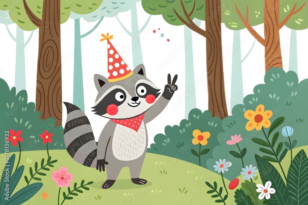 Fototapeta premium Cartoon raccoon waving in a cheerful forest with party hat