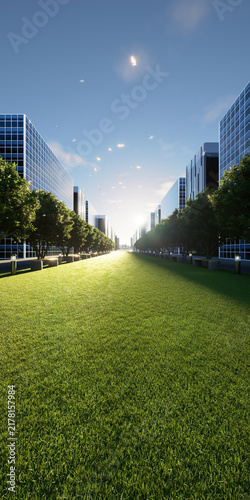 High resolution 3d vertical cityscape featuring lush green lawn, tree lined corridor, modern office buildings, warm sunlight, deep perspective, sustainable urban design, commercial background.