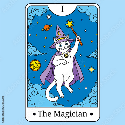 Cute White Cat Magician Tarot Card Design with Magic Wand and Stars