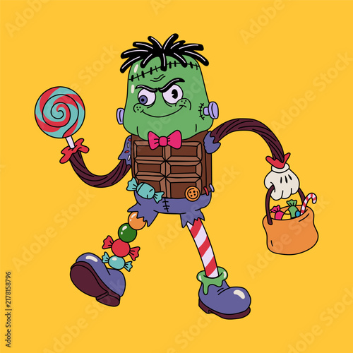 Cute Frankenstein Monster Halloween Character with Candy Illustration