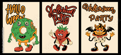 Cute Halloween Party Poster Collection with Funny Monster Food Characters