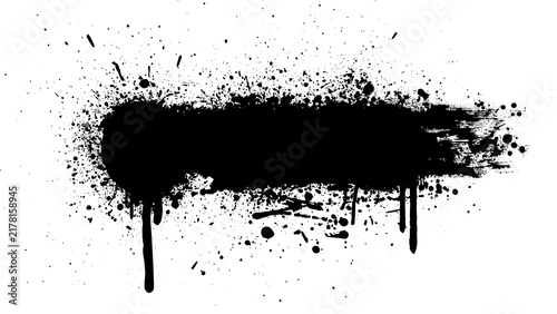 Black ink splatter banner with grunge paint drips and brush strokes Isolated on transparent background with messy spray droplets and artistic texture
