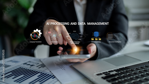 Fotografie Advanced AI Processing Techniques for Efficient Data Management and Analysis in Business Environments Featuring Hands-on Technology Usage Haptic