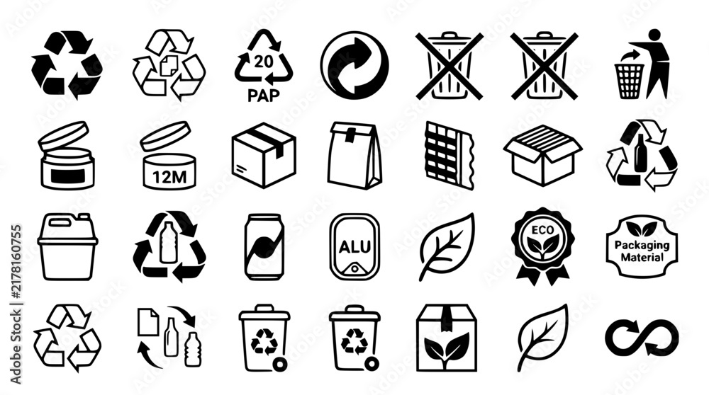 Obraz premium Recycling and Packaging Environmental Symbols Black Vector Icon Set