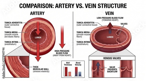 Artery vs Vein Structure Comparison Diagram Showing Anatomical Differences in Blood Vessels