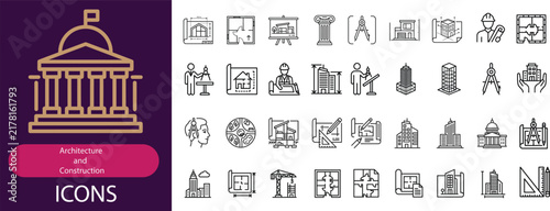 Quadro su tela Set of Outline Building Icons, Architectural Design, Linear Icon Collection, Edi
