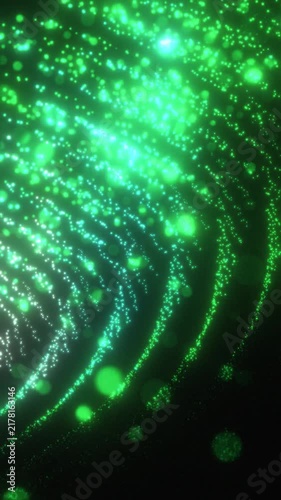 Swirling vortex of radiant green bokeh particles. Magical energy flow or toxic cyber dust over a dark cinematic background.