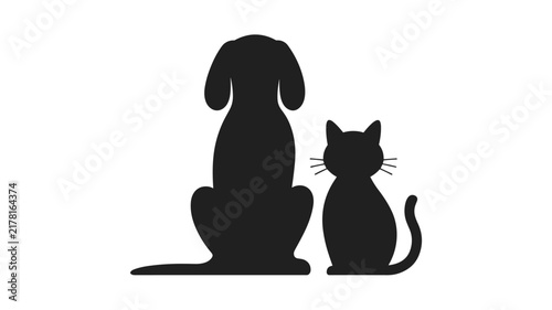 Black silhouette of a dog and a cat sitting side by side, back view, isolated on a white background, simple representation of domestic pets together