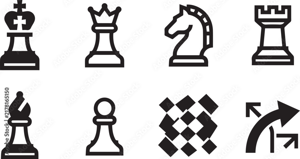 Fototapeta premium Chess piece icon set black linear vector symbols king queen knight rook bishop pawn chessboard strategy concept