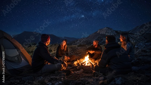  group of friends sitting around a campfire at night under a starry sky, enjoying an outdoor camping experience in the mountains.