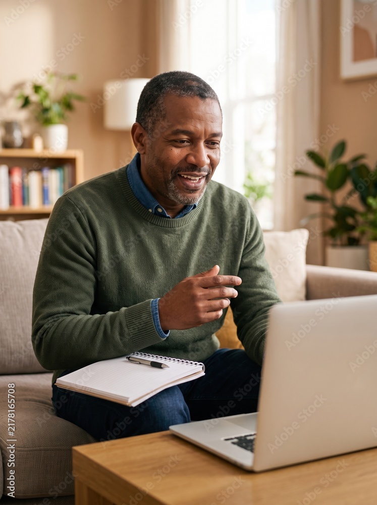 Fototapeta premium A middle aged black man smiles while writing in a notebook and working on a laptop in his living room.