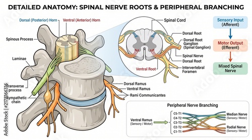 Spinal Nerve Anatomy Infographic Showing Nerve Roots and Peripheral Branching