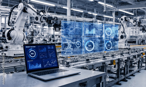 Large Automated Production Line with Industrial Robot Arms at Modern Smart Factory. Advanced Manufacturing Facility with Digital Analytics Displays, Conveyor Systems, and Industry 4.0 Technology