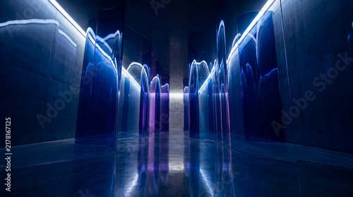 futuristic glass corridor luminous waves blue violet reflective architecture immersive A polished gallery corridor with luminous waves suited to architecture promotion and interior campaigns