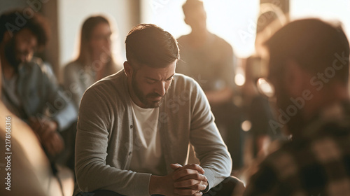 Support group, empathy and sad man in therapy for mental health, hope or healing depression. Psychology, comfort people and counseling with kindness, help and care with trauma in community center