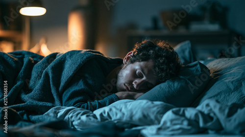 Sleeping, tired and man in bed at night for resting, dreaming and exhausted for nap in home. House, bedroom and person with blanket, bedding and comfortable for wellness, fatigue and peaceful
