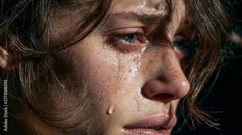 Sad, crying and woman in studio for crisis, ptsd or mental health on black background with closeup. Tears, half face and unhappy person with trauma from abuse, stress and depression with mockup space
