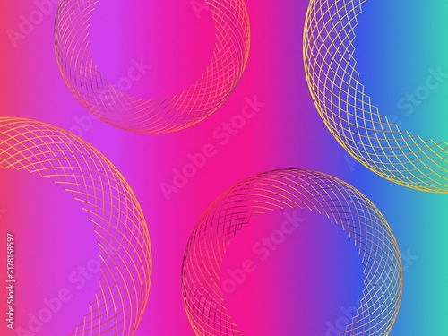 Colorful Gradient Abstract Background with Pink Purple Blue Green Hues and Golden Geometric Circular Lattice Rings Decorative Vector Design  