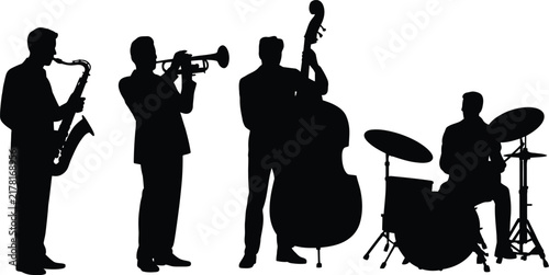 Black silhouette vector illustration of a jazz band band musicians playing saxophone trumpet double bass and drums musical instruments