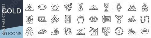 Set of 30 outline icons related to gold. Linear icon collection. Editable stroke. Vector illustration