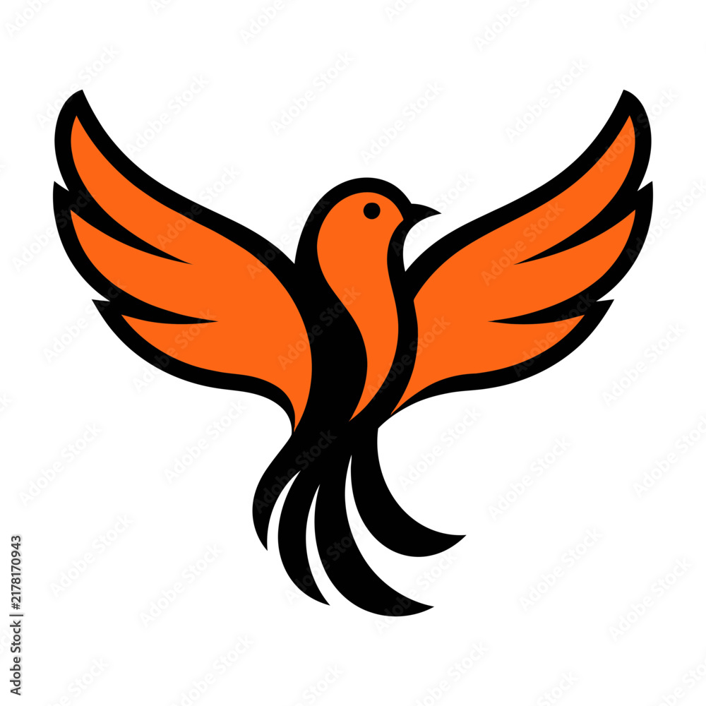 Fototapeta premium Stylized orange bird icon in flight with black tail feathers