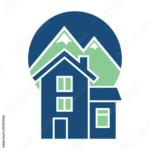 Blue house logo with mountains isolated on white