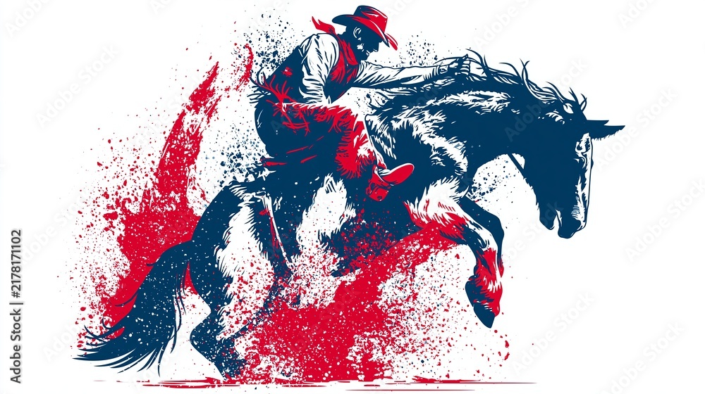 Fototapeta premium Cowboy riding bucking bronco with dynamic red splashes. Cowboy rider skillfully staying on a wild bucking bronco in a challenging rodeo event