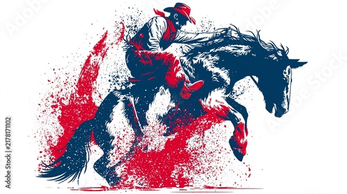 Cowboy riding bucking bronco with dynamic red splashes. Cowboy rider skillfully staying on a wild bucking bronco in a challenging rodeo event