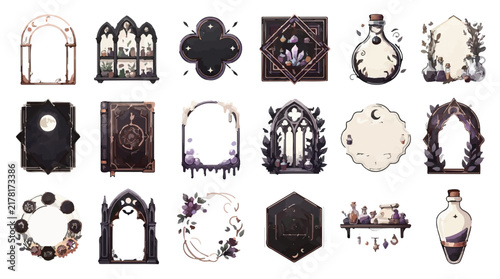 Quadro su tela Gothic mystical vector icons set, dark academia aesthetic frames and potion bott