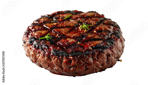 Juicy grilled steak with rosemary and spices on a black background.