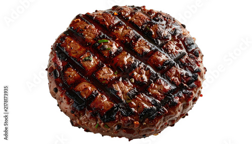 A perfectly grilled hamburger patty with char marks and spices.