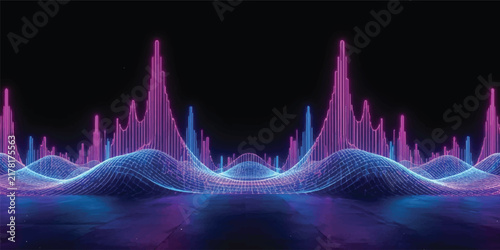 Abstract Purple Neon Audio Waveform on Dark Background, Glowing Sound Spectrum Visualization, Futuristic Music Technology, Digital Frequency and Energy Design