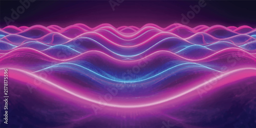 Layered Pink Purple and Blue Neon Waves on Dark Background, Smooth Abstract Light Ribbons, Colorful Digital Flow, Futuristic Technology and Modern Wallpaper