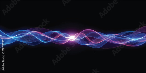 Vibrant Pink and Blue Abstract Light Waves with Glowing Center on Dark Background, Dynamic Energy Flow, Neon Technology and Futuristic Digital Design