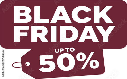 Black Friday sale promotion banner with up to 50 percent off text in dark red tag shape for retail marketing campaign.