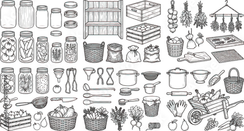 Vintage hand drawn pantry icons, rustic kitchen canning and gardening vector set, farmhouse food preservation elements