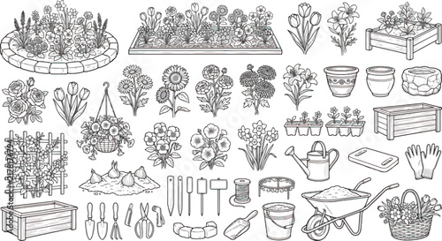 Gardening line art icons set, hand drawn garden tools and flower bed illustrations, floral coloring book vector elements