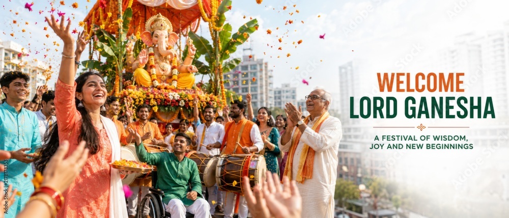 Obraz premium Ganesh Chaturthi celebration with people and festive decorations, copy space