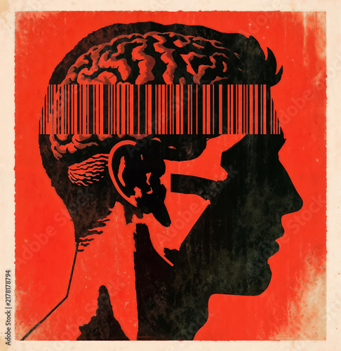 Illustration of Human Head with Brain and Barcode