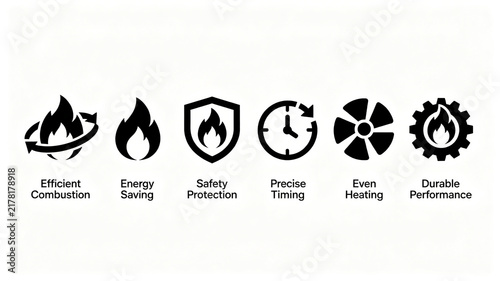 Flame element kitchen appliance vector icon, energy-saving combustion safety timed uniform heating, suitable for gas appliance brochures and e-commerce selling point displays.

