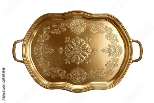 Ornate golden serving tray with handles