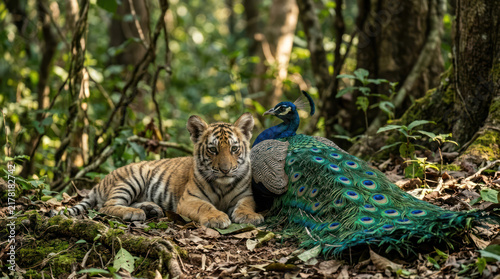 Tapety artystyczne Tiger Cub and Peacock Resting Together in Lush Forest.