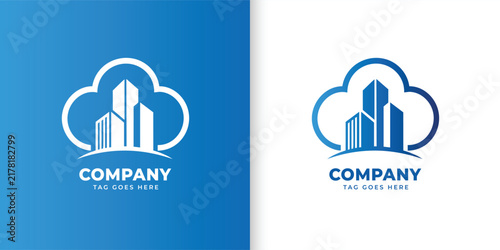 Cloud Building Logo Design with Blue Architectural Skyline